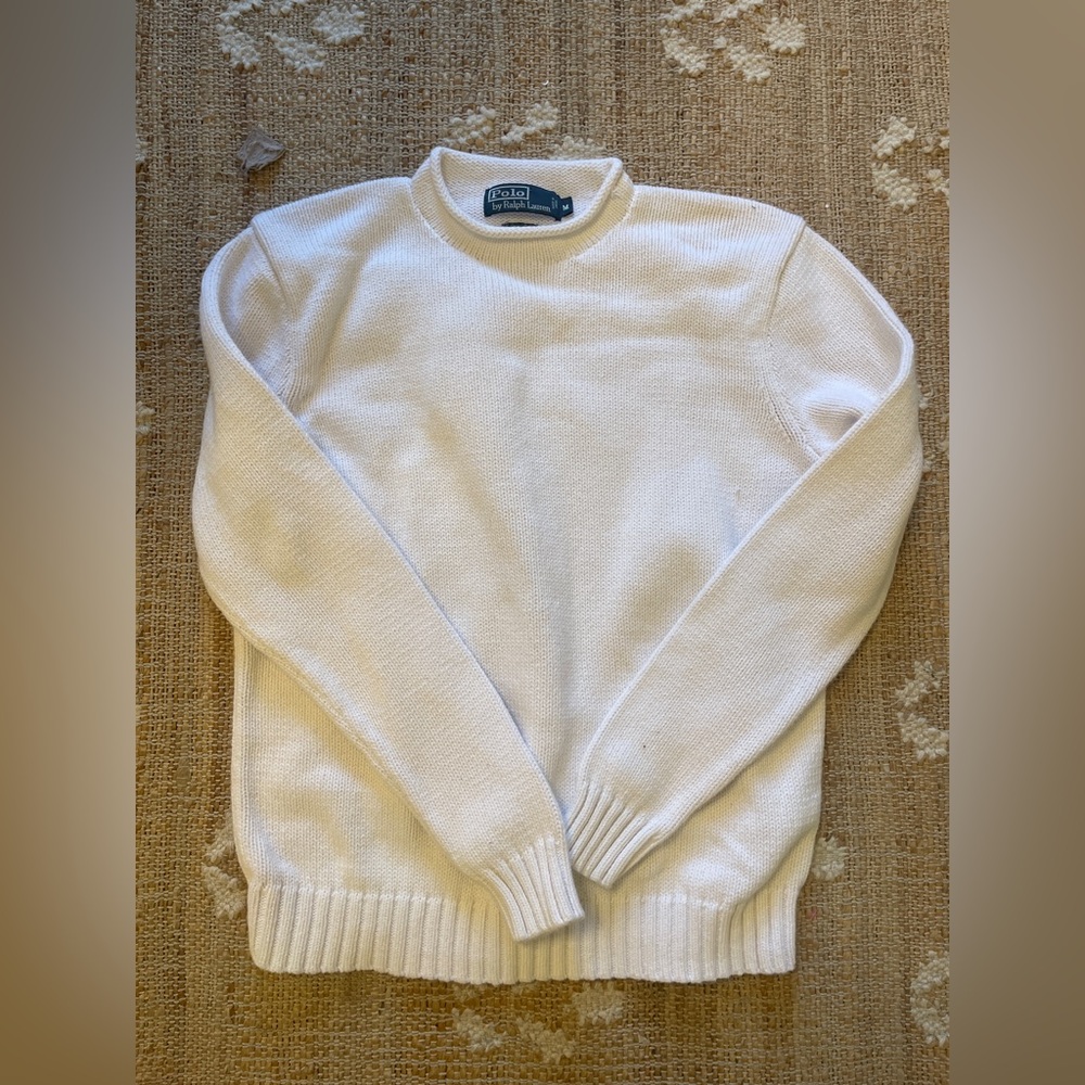 White Polo Ralph Lauren Roll Neck 100% Cotton Sweater Medium Unisex Pullover